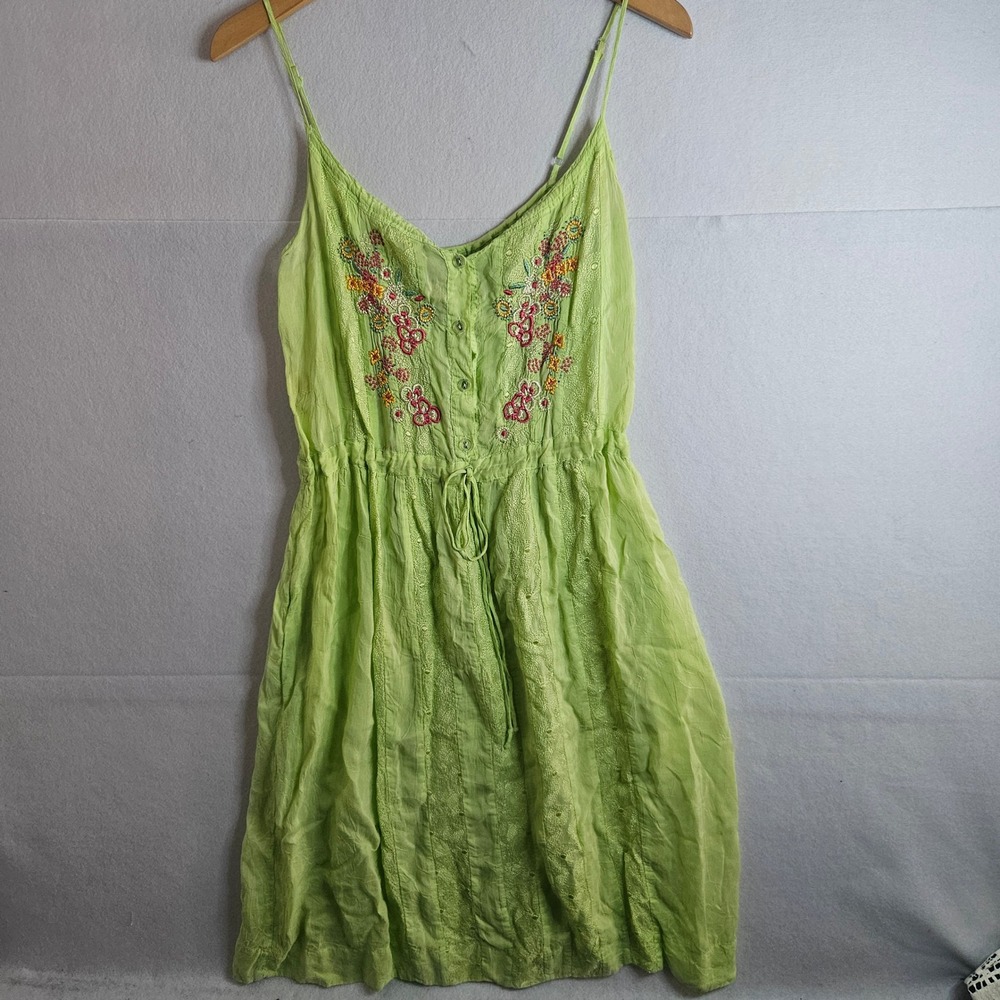Johnny Was Lime Green Embroidered Boho Sun Dress Rayon Eyelet L Large